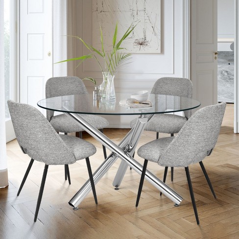 Eileen Edwin 5 Piece Round Clear Glass Dining Table Set with 4 Light Gray Upholstered Chairs The Pop Maison