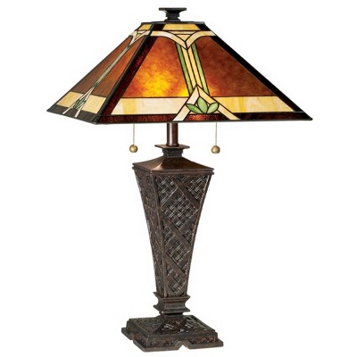 Robert Louis Tiffany Mission Table Lamp Bronze Wicker Pattern Stained Art Glass Shade for Living Room Family Bedroom Bedside