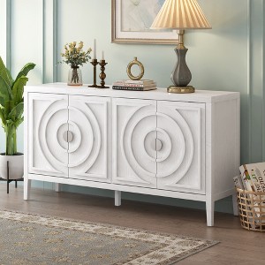 Retro 4-Door Sideboard with Circular Groove Doors, Round Metal Handles, Adjustable Shelves, Distressed Finish Storage Cabinet for Kitchen - 1 of 4