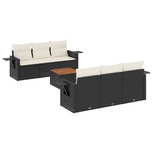 vidaXL Patio Sofa Set with Cushions Outdoor Furniture 7 Piece Poly Rattan - Black and Cream - 1 of 4