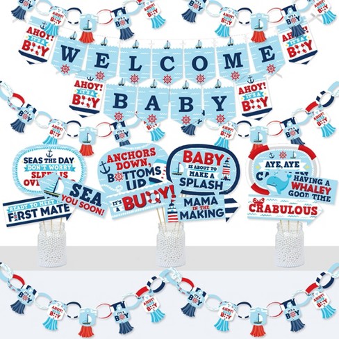 Nautical Baby Shower Decorations For Boy, Ahoy It's A Boy Banner Balloon  Garland Arch Kit With Navy Blue Fishing Net For Nautical Themed Baby Shower, Party City Baby Shower Boy Decorations