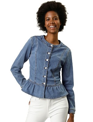 Inspire Chic Women's Peplum Collarless Round Neck Button Down Cropped ...