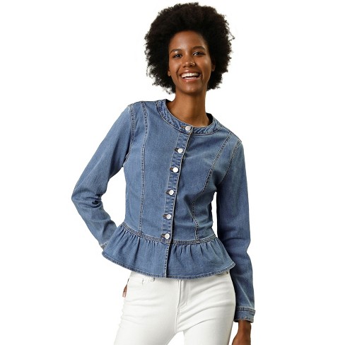 Allegra K Women's Peplum Collarless Round Neck Button Down Cropped Ruffle  Hem Denim Jackets Light Blue X-small : Target