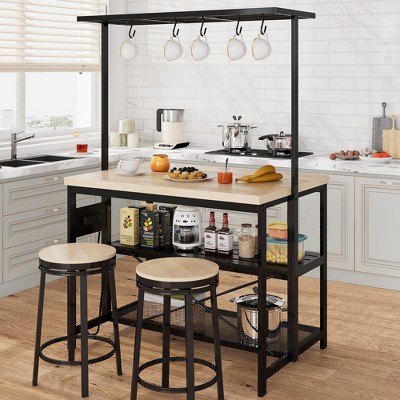 Kitchen Island Table Bakers Rack with Power Outlet, 3-Tier Storage Microwave Stand Oven Shelf, Coffee Bar Table Kitchen Storage Shelf for Dining Room