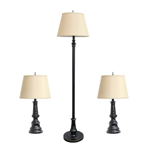 3pk Restoration Lamp Set 2 Table Lamps and 1 Floor Lamps Bronze Elegant Designs Antique Finish Cotton Shades UL Listed