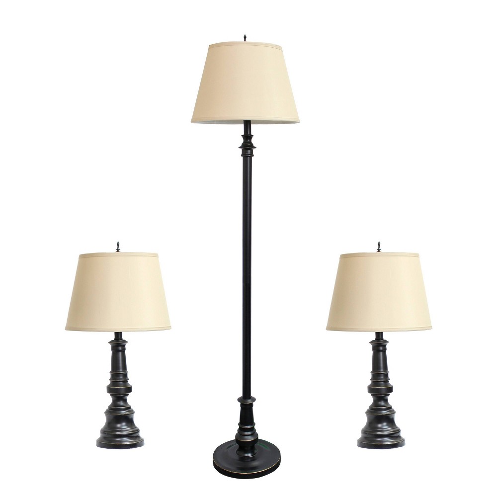 3pk Restoration Lamp Set (2 Table Lamps and 1 Floor Lamps) Bronze - Elegant Designs: Antique Finish, Cotton Shades, UL Listed