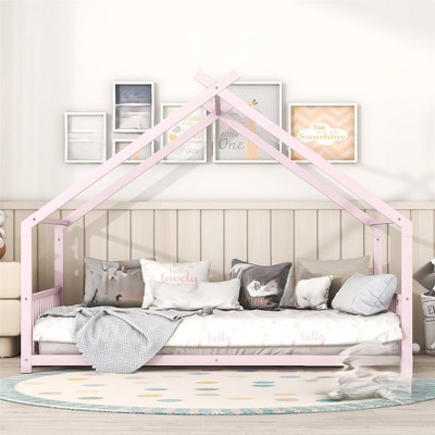 Full Size House Bed, Metal Floor Bed Frame With Roof, House Shape Bed With Metal Slats Support For Teens Kids Boys Girls, No Box Spring Needed