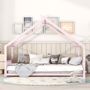 Full Size House Bed, Metal Floor Bed Frame With Roof, House Shape Bed With Metal Slats Support For Teens Kids Boys Girls, No Box Spring Needed - 1 of 4
