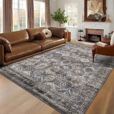 Washable Runner Rug Non Slip Floor Carpet, Low Pile Distressed Kitchen Rug, Non-Shedding Faux Wool Soft Rug, Vintage Printed Rug