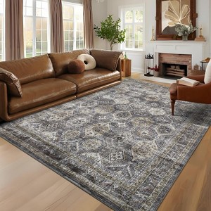 Washable Runner Rug Non Slip Floor Carpet, Low Pile Distressed Kitchen Rug, Non-Shedding Faux Wool Soft Rug, Vintage Printed Rug - 1 of 4