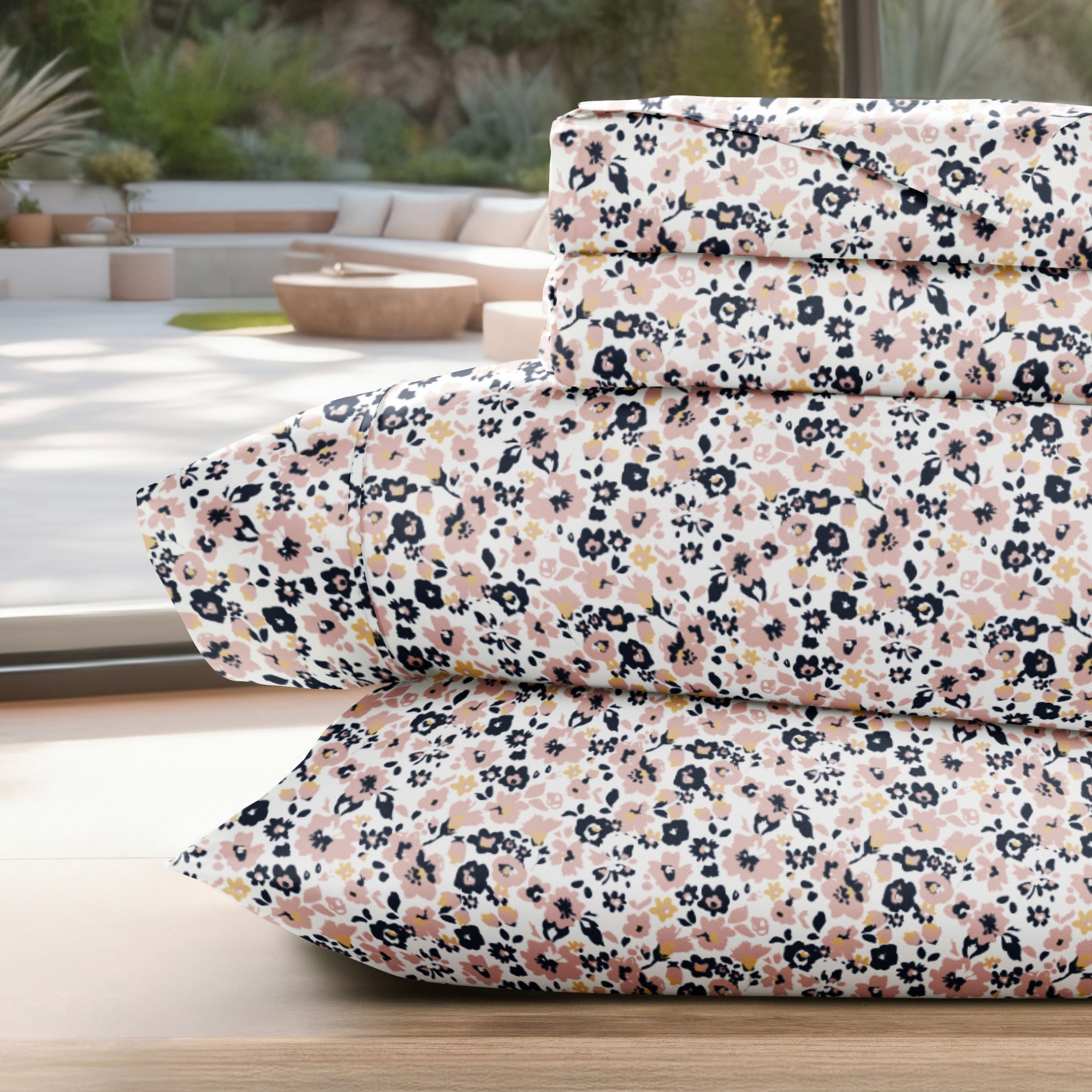Delicate Blossoms Floral Patterned Ultra-Soft 4 Piece Bed Sheet Set - Becky Cameron, Floral Dream Mauve, King