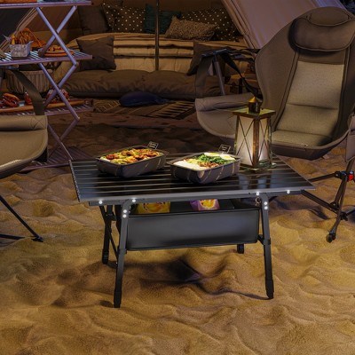 Adjustable Height Black Aluminum Folding Camping Table with Storage Bag