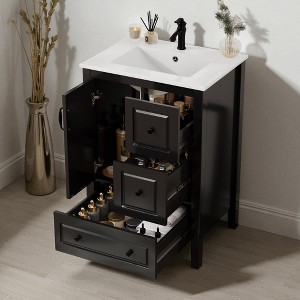 Mshliw 24" Freestanding Bathroom Vanity with Ceramic Sink, 1 Soft-Closing Door & 3 Drawers, Retro Metal Handles, MDF Cabinet - 1 of 4