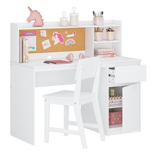 Aoibox Kids Study Desk and Chair Set with Hutch Storage Cabinet Wooden Table Ergonomic Student Writing Workstation for 5-12 Years - 1 of 4