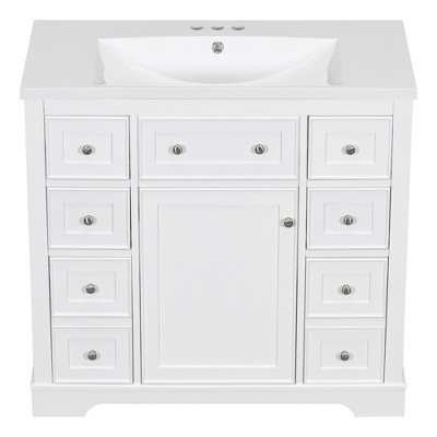 Vynxaria 36" White Bathroom Vanity with Ceramic Sink and Ample Storage