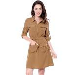 Allegra K Women's Roll Up Sleeves Multi-Pocket Knee Length Belted Shirt Dress