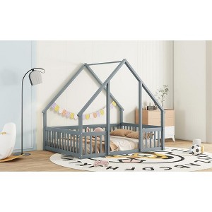 Grungis Twin Size House-Shaped Floor Bed for Kids,Modern Wood Toddler Bed with Safety Guardrails,Montessori Bed for Bedroom - 1 of 4