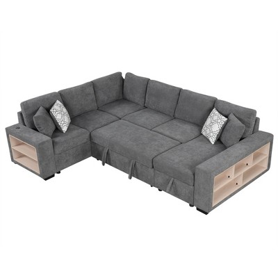 NicBex Modern 109" Pull Out Sofa Bed Chenille Convertible Sleeper Sofa with Storage Chaise and USB Ports for Living Room