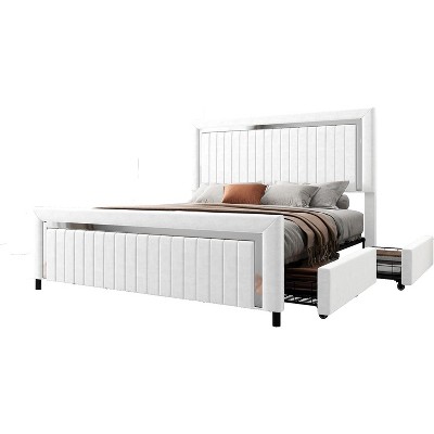 AMERLIFE Upholstered Platform LED Bed Frame with 4 Storage Drawers, Adjustable Headboard with Vertical Channel Design