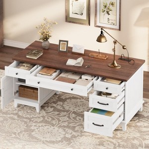 Acekool 60" Executive Desk with File Drawers & Charging Station, Farmhouse Computer Desk with Cabinet Storage, Home Office Study Table, White Walnut - 1 of 4
