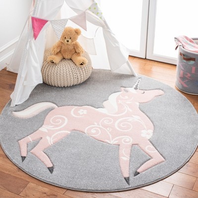 Grey and Pink Round Synthetic Unicorn Kids Rug, 3' Diameter