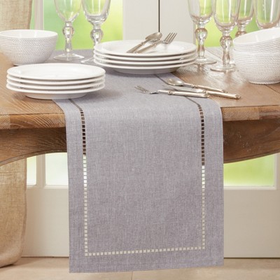 Grey Polyester Laser-Cut Hemstitch Dining Table Runner, 14" x 90"
