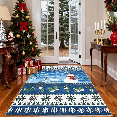 Christmas Runner Rug – Washable, Non-Slip, Santa & Reindeer Print, Low Pile, Foldable Carpet for Hallway, Kitchen, Bedside