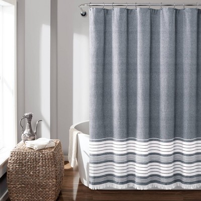 Nantucket Yarn Dyed Cotton Tassel Fringe Shower Curtain Navy/white ...