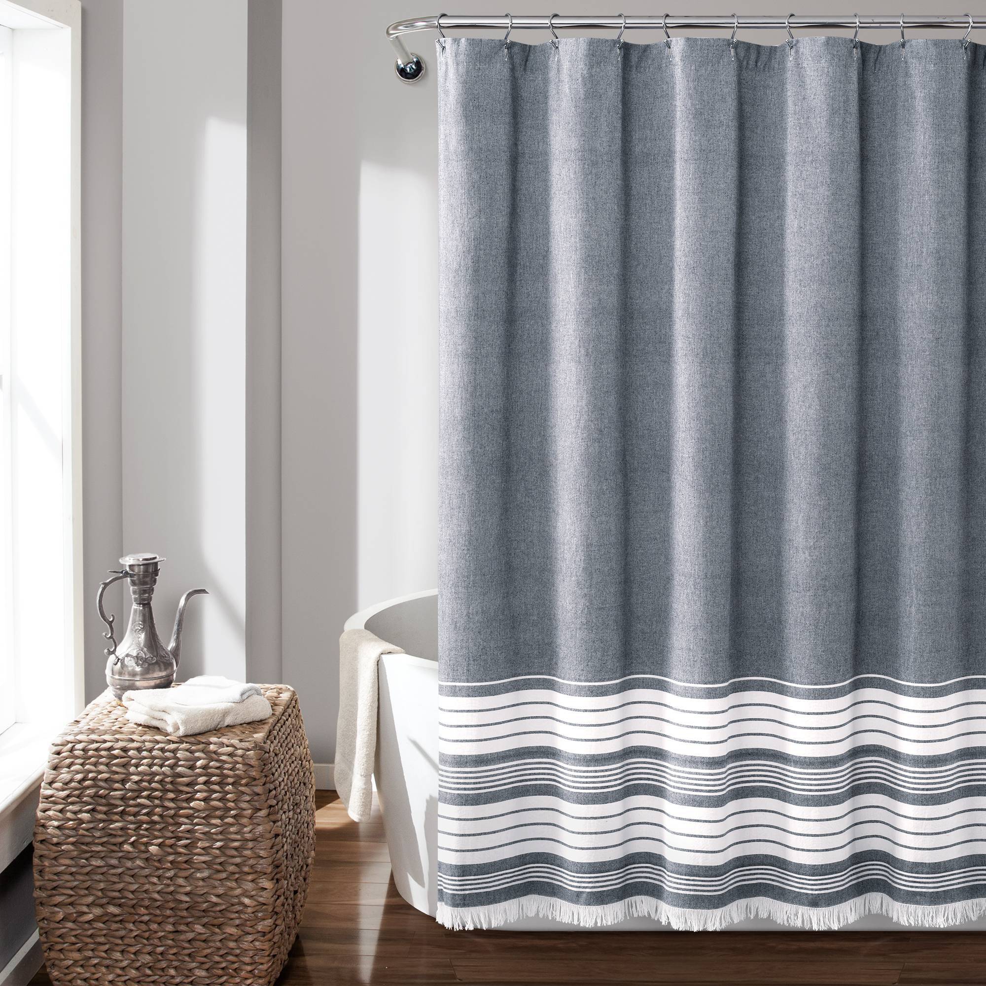 Nantucket Yarn Dyed Cotton Tassel Fringe Shower Curtain Navy/White - Lush Décor