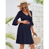 Women's Maternity Smocked 3/4 Sleeve Boho Dress V Neck Fall Casual Ruffle Flowy Midi Dress for Baby Shower Photoshoot - 2 of 4