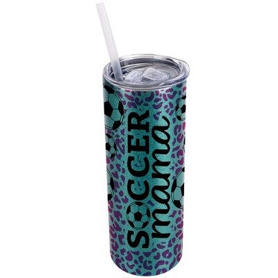 Elanze Designs Leopard Print Hot Pink Turquoise Blue 20 Ounce Double Wall Stainless Steel Glitter Travel Tumbler With Sliding Lid And Straw, Soccer