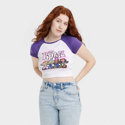 Women's Bratz Ringer Short Sleeve Cropped Graphic T-Shirt White XL