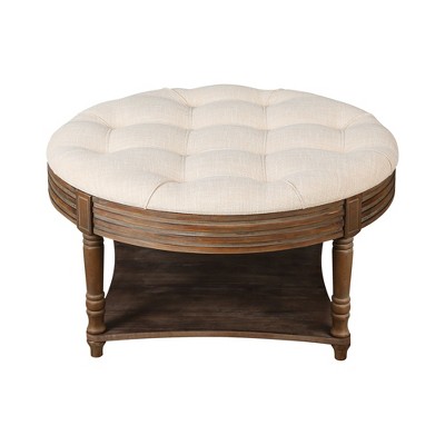 FURNIinspire Ottomans And Benches Large Round Waterproof Ottoman Coffee With Wooden Shelf Storage, Ottoman Linen, Brown, 31.49"*31.49"*18.50"