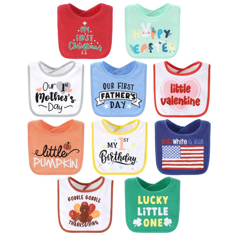The Peanutshell Holiday Terry Bib Set for Baby Girls and Boys | 10 pack for Feeding, Teething, & Drooling, 1 of 8