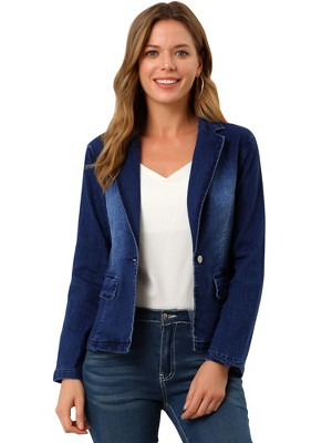 INSPIRE CHIC Women's Notched Lapel Button Up Long Sleeve Washed Denim Blazer