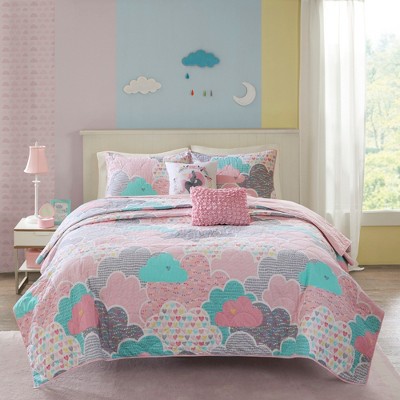 5Pcs coverlet Set Kids Cloud Print Reversible Quilt for All Seasons, Pre-Washed Cotton with Decorative Pillows