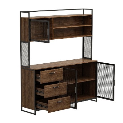Brown Wood and Metal Mesh 3-Door Kitchen Pantry Cabinet
