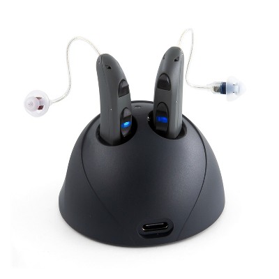 Neosonic NS-MX-RIC-PAIR-1 Receiver In Canal Dual Microphone Quick Recharging Noise Cancelling Hearing Amplifier Pair, Resists Splashes, Dark Grey