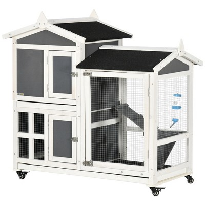 Gray and White Fir Wood Two-Story Rabbit Hutch with Wheels
