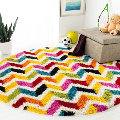 Ivory Round Hand-Knotted Shag Kids Area Rug