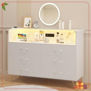 Garvee Bedroom Dresser with Electrical Outlet and LED Lights, 6 Drawer Wooden Dresser with 2 Open Shelves - 1 of 4