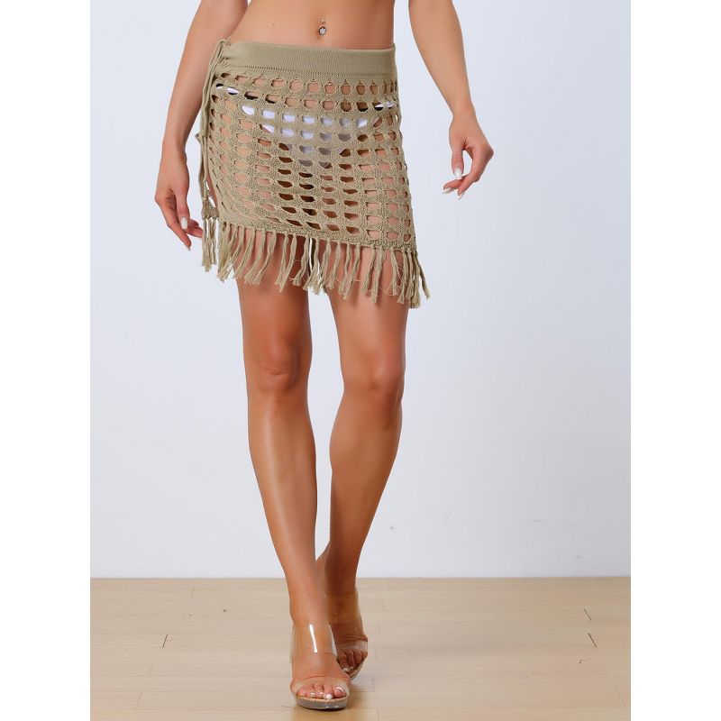 Allegra K Women Crochet Tassel Mesh Cover-Up Drawstring Beach Skirt, 3 of 7