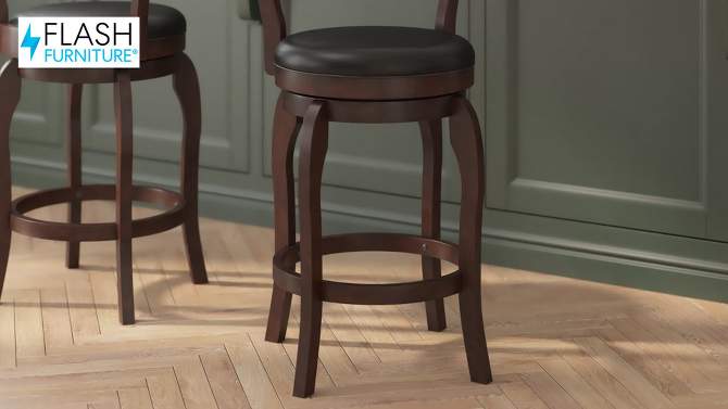 Flash Furniture Nichola Commercial Grade Classic Open Back Swivel Counter Height Pub Barstool with Bowed Wooden Frame and Padded, Uphosltered Seat, 2 of 13, play video