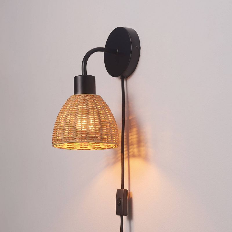 Briar 1-Light Matte Black Plug-In or Hardwire Wall Sconce with Rattan Shade - Globe Electric, 6 of 7