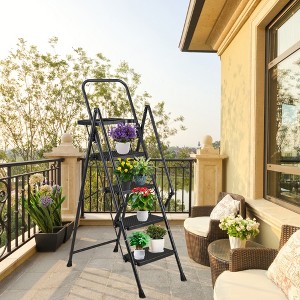 TopComfy 4 Step Stool Folding Ladder Non Slip Wide Pedals Soft Handle Detachable Tool Tray Sturdy Steel for Home Office, Black, 21.6"*4"*57.5" - 1 of 4