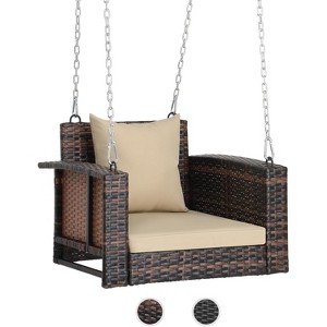 VINGLI 2.2 FT 1-Person Use Rattan Porch Swing Outdoor Support 440 LBS with Cushions & Adjustable Chains for Garden, Yard, Lawn, Tree, Brown - 1 of 4