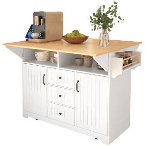 Ridstar 55.7 in. W Large Kitchen Island with 2 Drop Leaf & 3 Drawers For Kitchen & Dining Room-White - 1 of 4