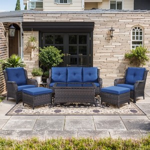 Gymojoy 6 Piece Outdoor Wicker Sofa with Patio Chairs with Coffee Table and Ottoman Sets - 1 of 4