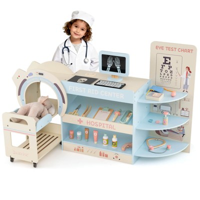 Costway Wooden Doctor Play Set for Kids Pretend Play Doctor Kit with Toy CT Machine Blue/Pink