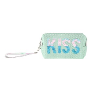 Unique Bargains Women Portable Grid KISS Makeup Bag Blue Green 1 Pc - 1 of 3